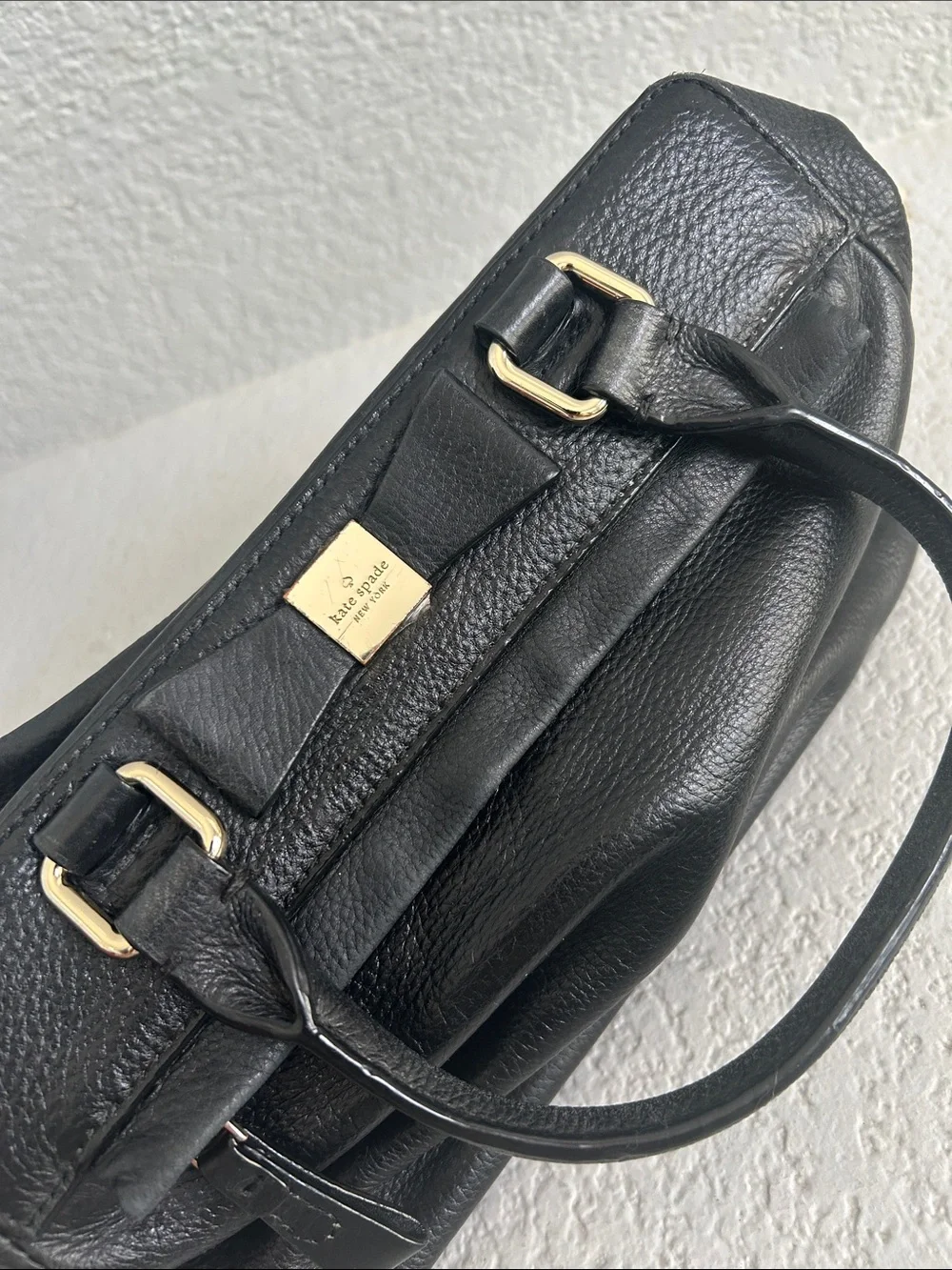 kate spade Black Pebbled Leather Satchel with Bow Plaque